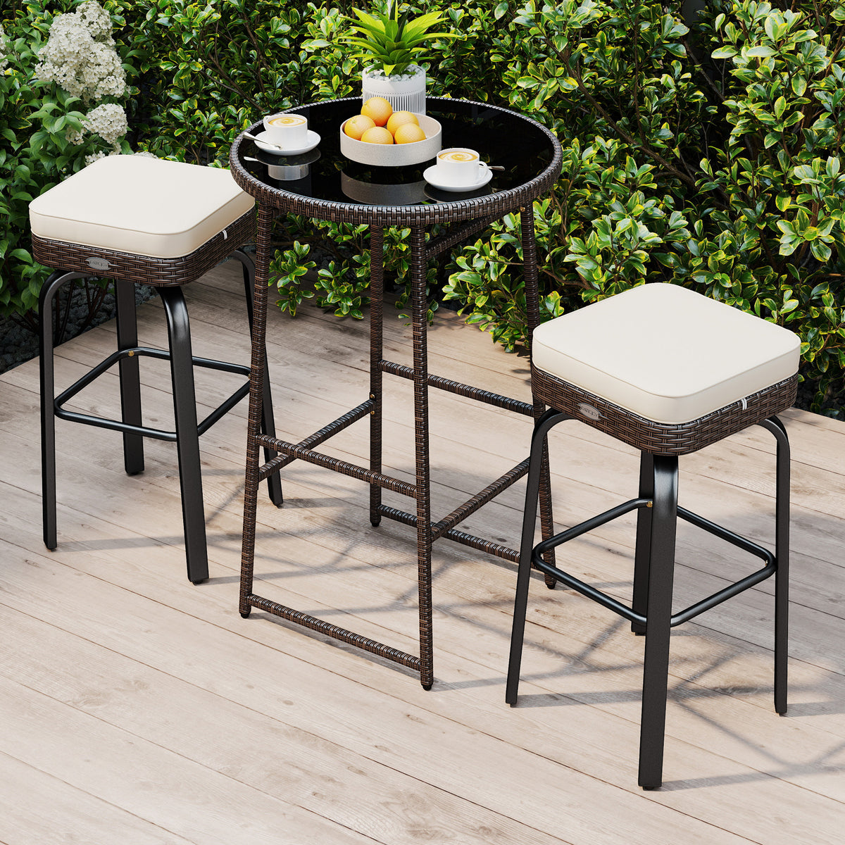 3 Pieces Outdoor Swivel Bar Set PE Rattan Height Table with 2 Chairs