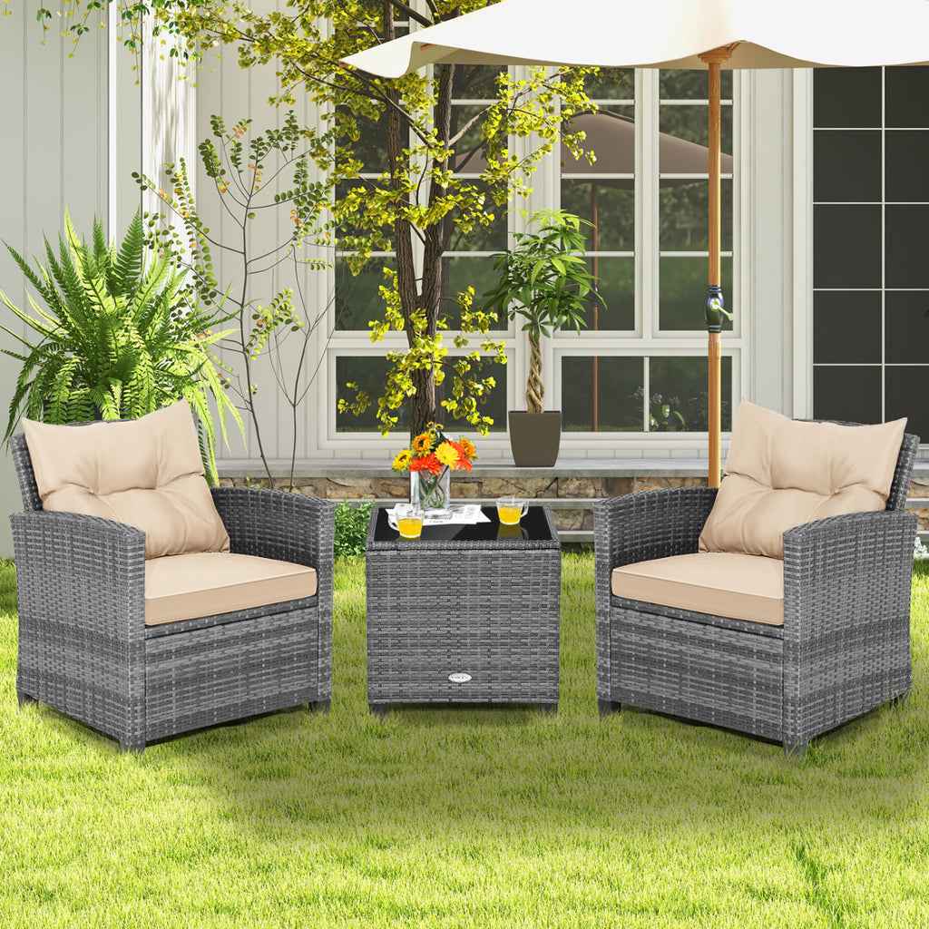 3 Pieces Outdoor Wicker Conversation Set with Tempered Glass Tabletop