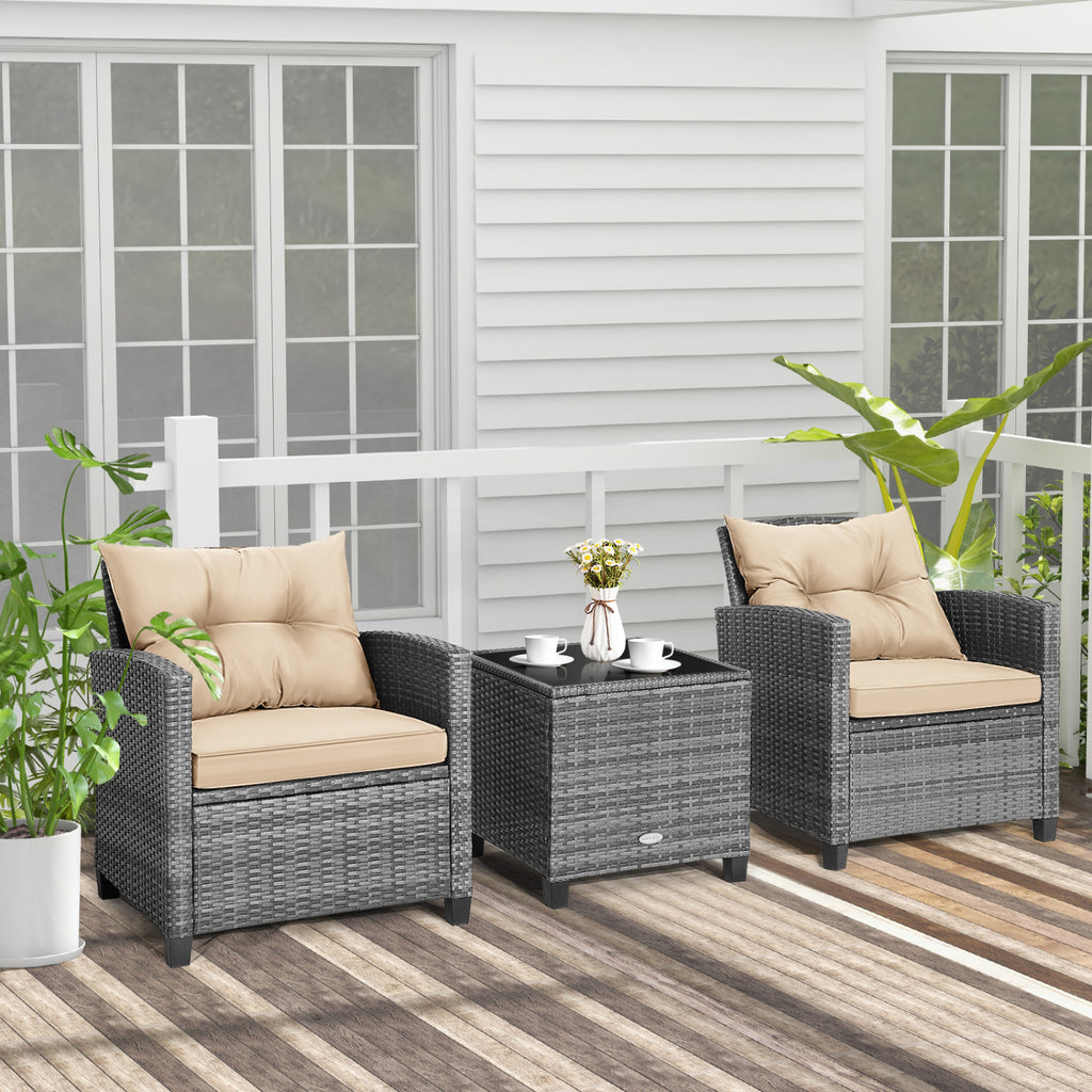 3 Pieces Outdoor Wicker Conversation Set with Tempered Glass Tabletop
