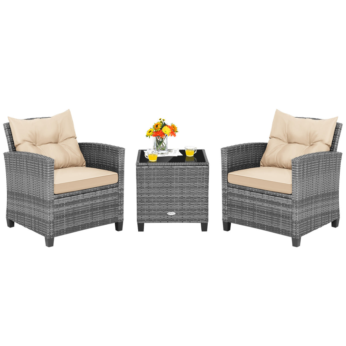 3 Pieces Outdoor Wicker Conversation Set with Tempered Glass Tabletop