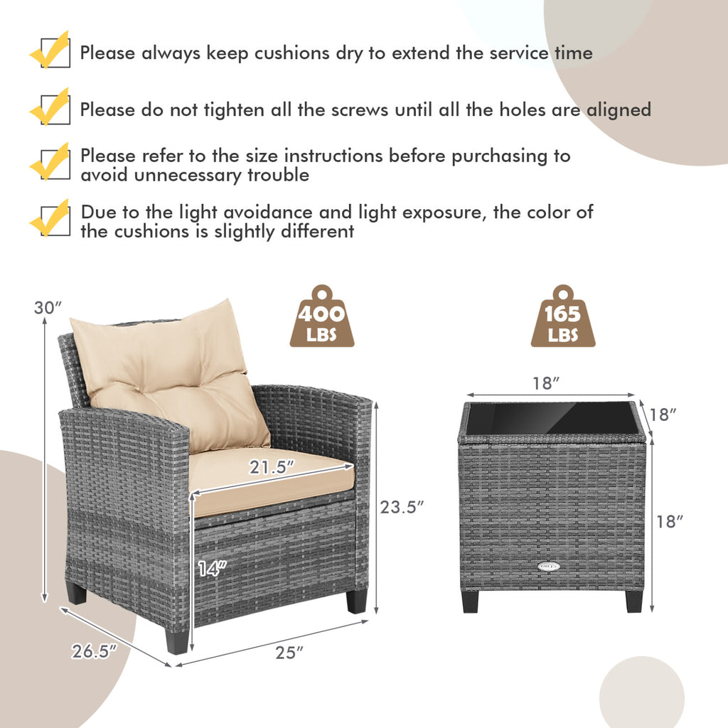 3 Pieces Outdoor Wicker Conversation Set with Tempered Glass Tabletop
