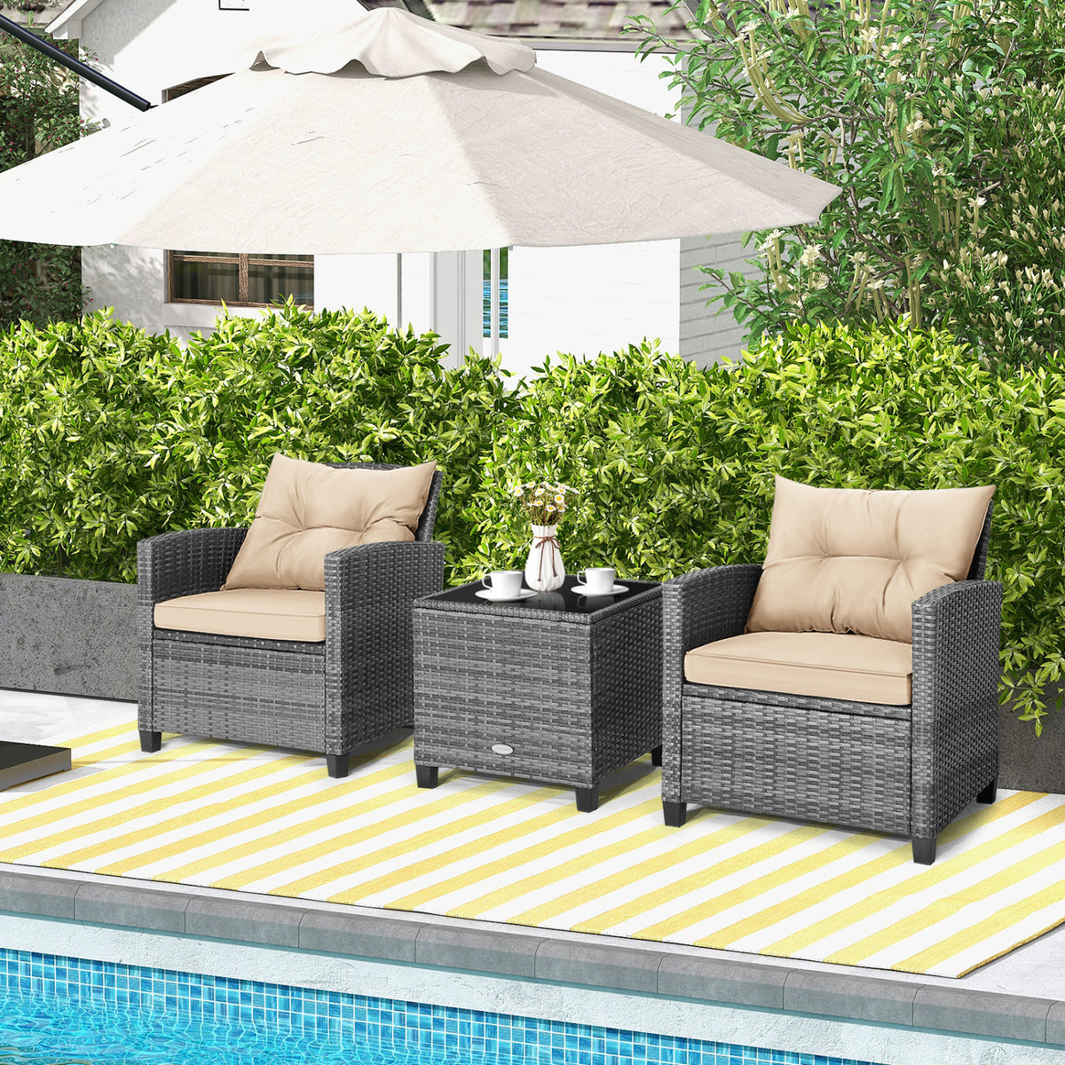 3 Pieces Outdoor Wicker Conversation Set with Tempered Glass Tabletop