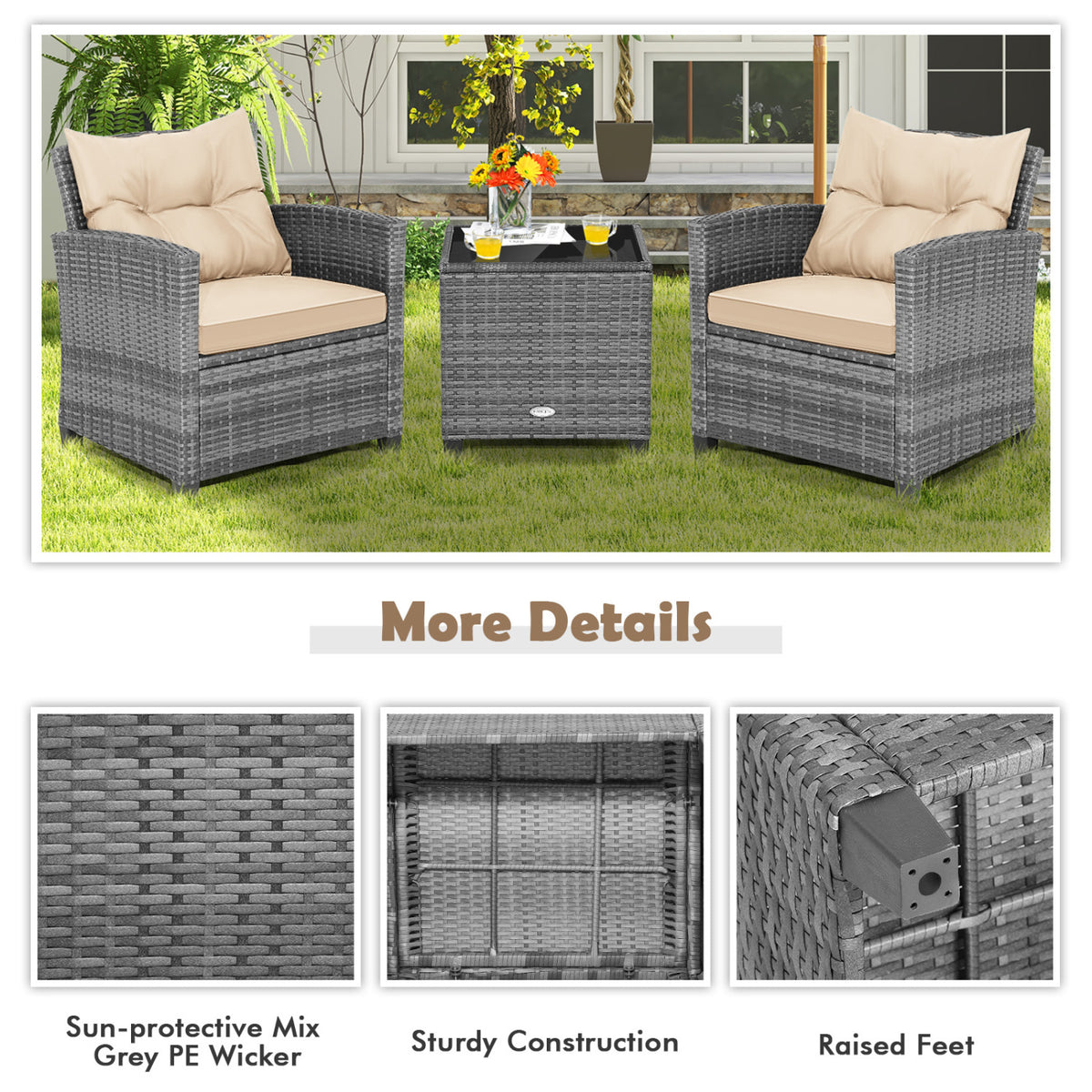 3 Pieces Outdoor Wicker Conversation Set with Tempered Glass Tabletop