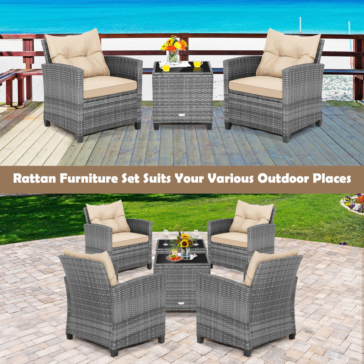 3 Pieces Outdoor Wicker Conversation Set with Tempered Glass Tabletop