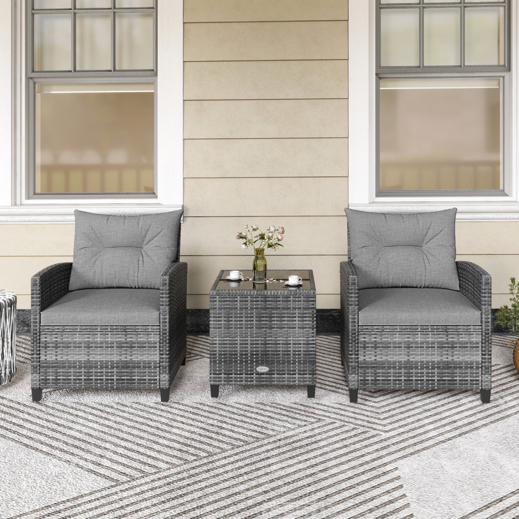3-Piece Outdoor Wicker Conversation Set with Tempered Glass Table – Gray