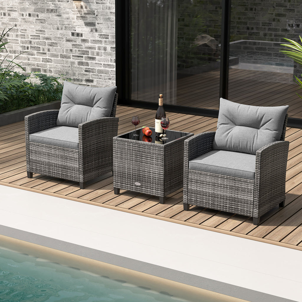 3-Piece Outdoor Wicker Conversation Set with Tempered Glass Table – Gray