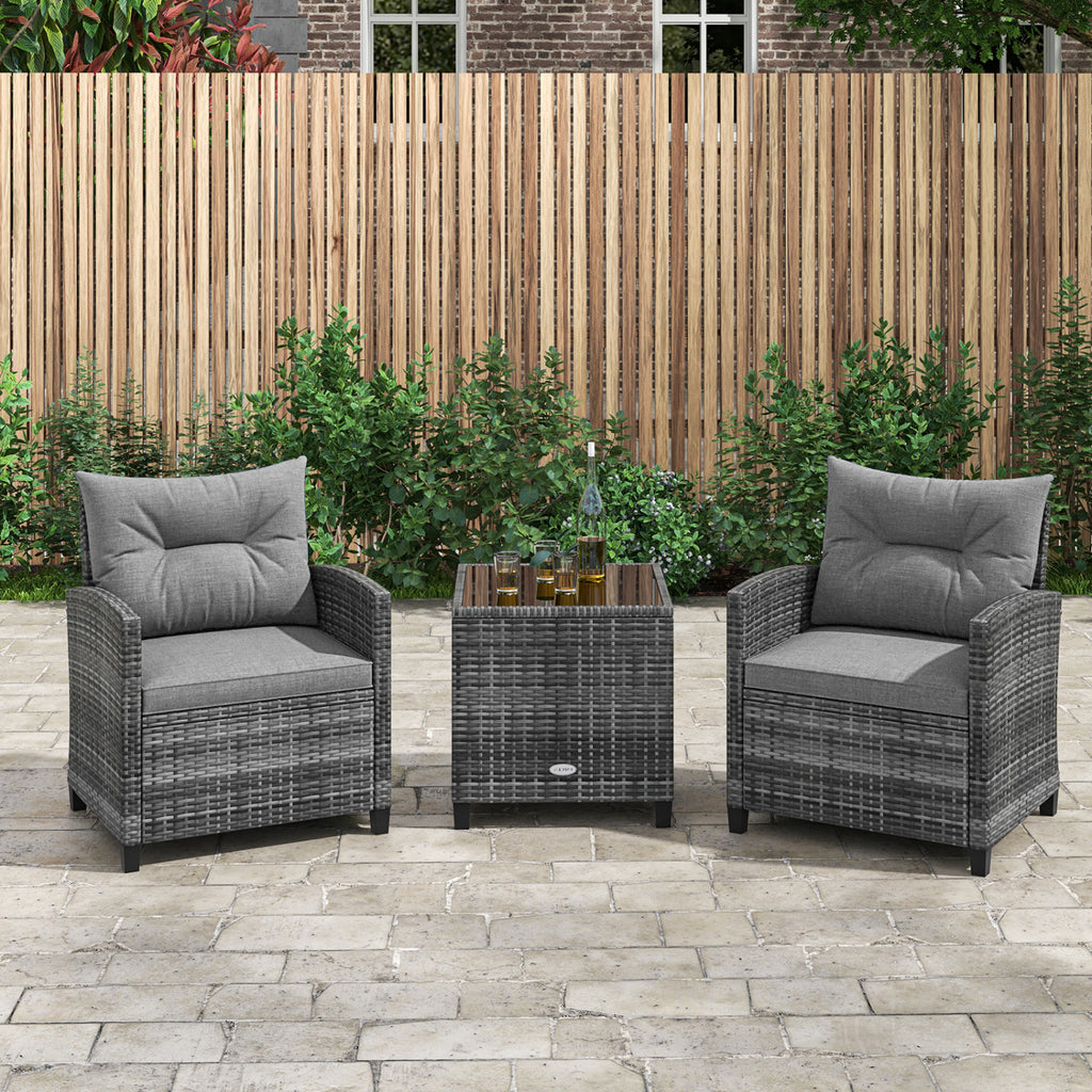 3-Piece Outdoor Wicker Conversation Set with Tempered Glass Table – Gray