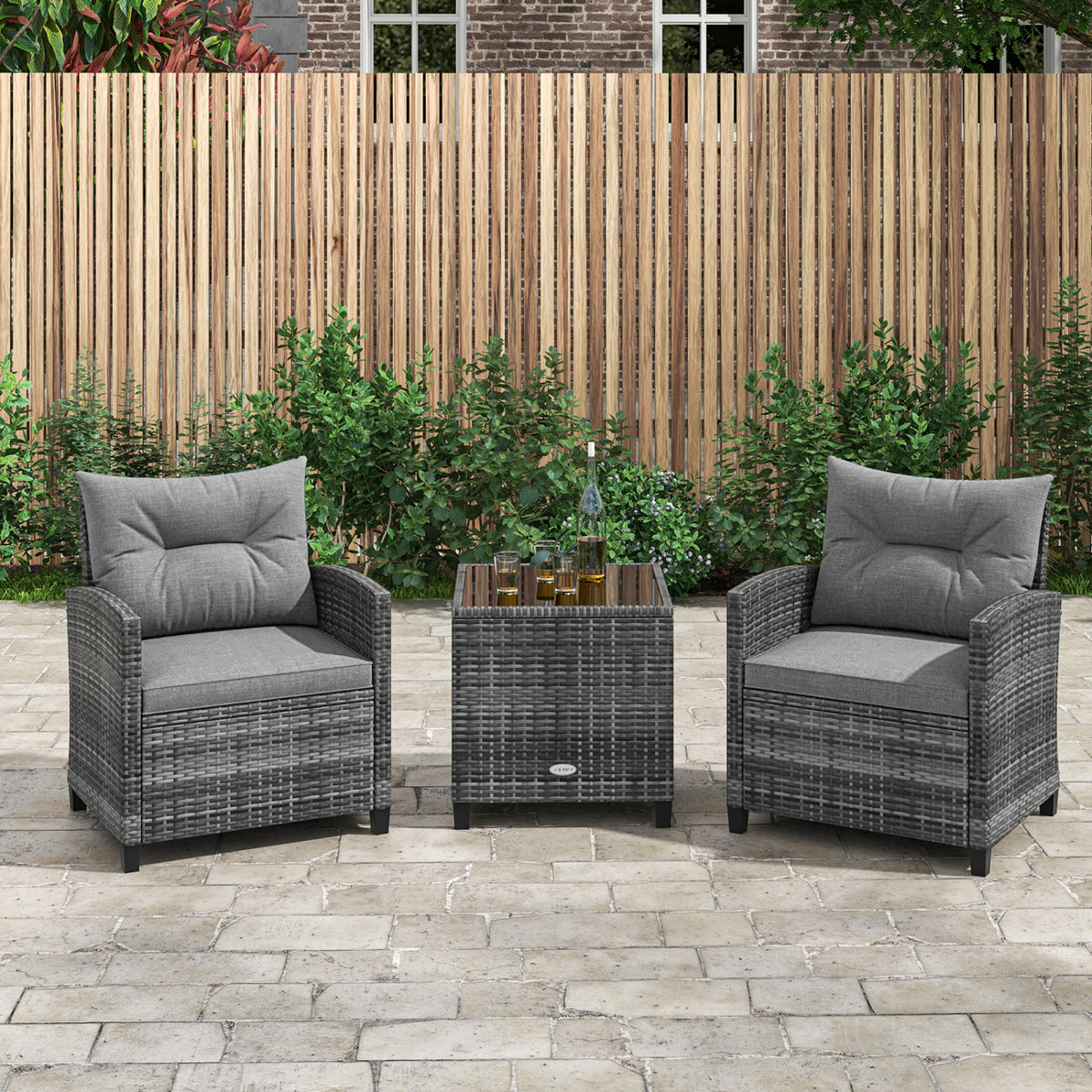 3-Piece Outdoor Wicker Conversation Set with Tempered Glass Table – Gray