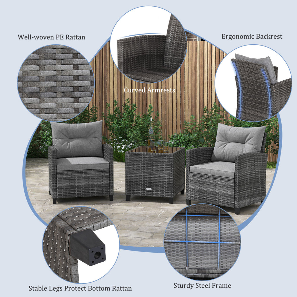 3-Piece Outdoor Wicker Conversation Set with Tempered Glass Table – Gray