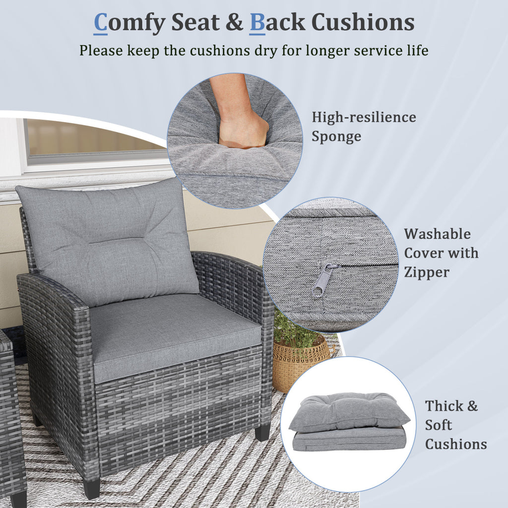 3-Piece Outdoor Wicker Conversation Set with Tempered Glass Table – Gray