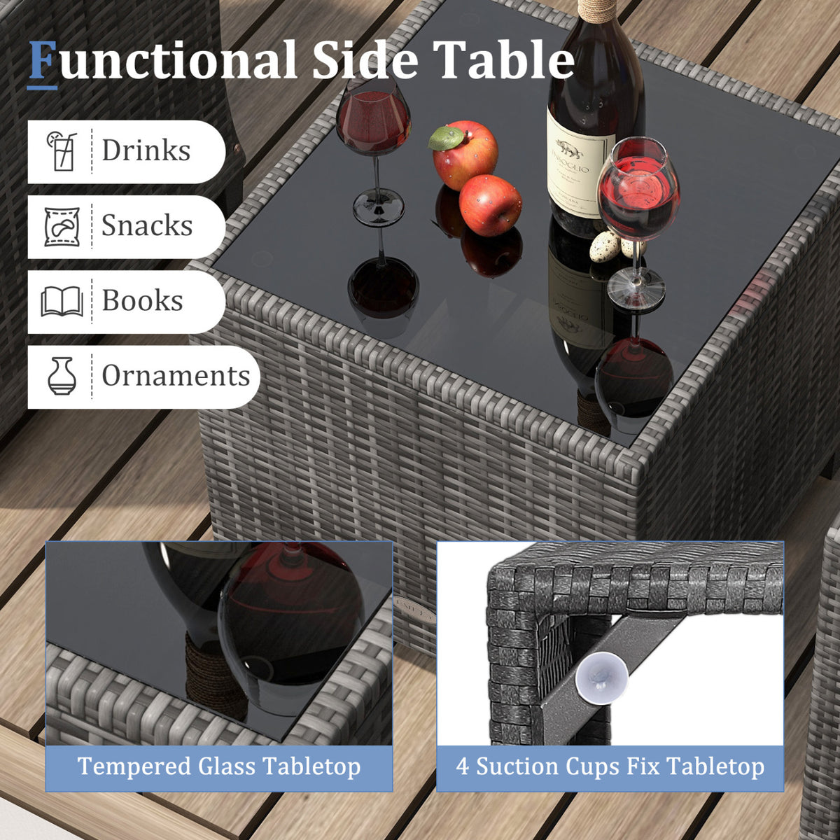 3 Pieces Outdoor Wicker Conversation Set with Tempered Glass Tabletop