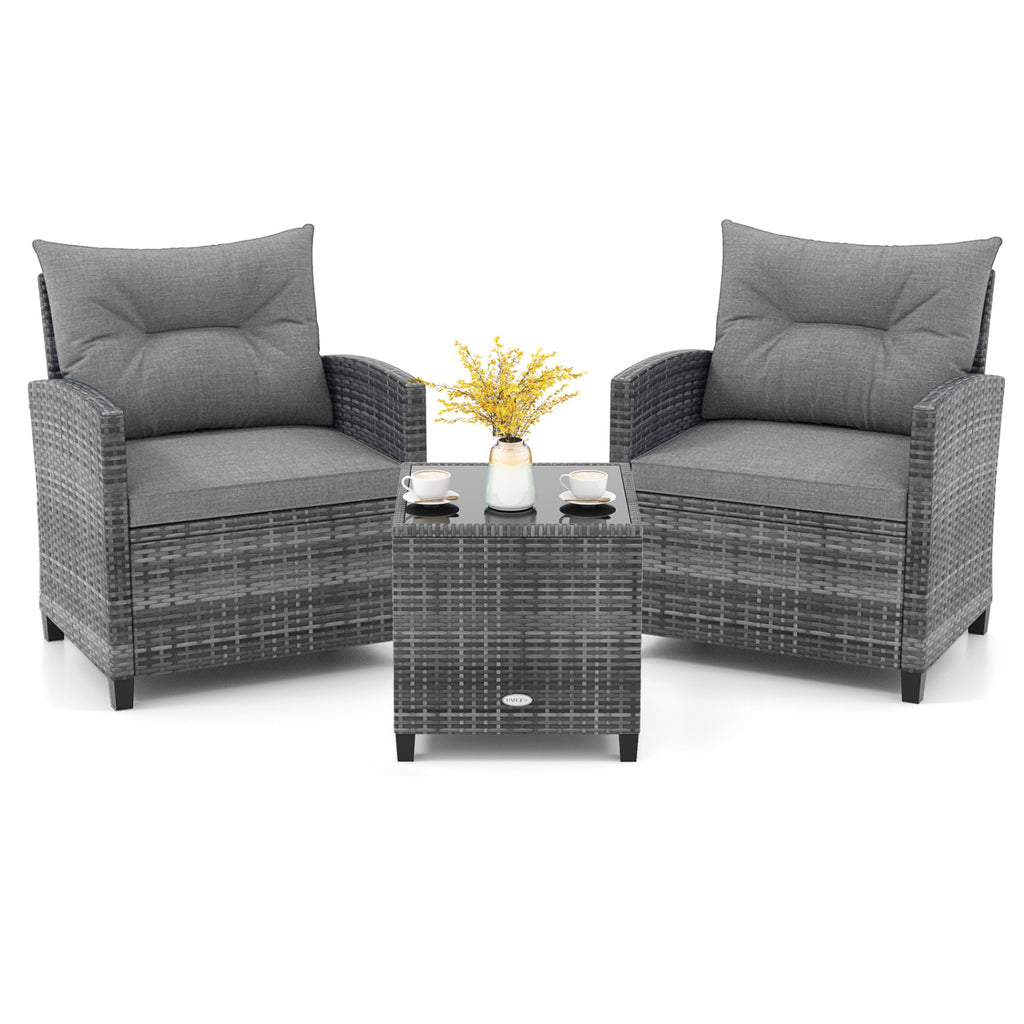 3-Piece Outdoor Wicker Conversation Set with Tempered Glass Table – Gray