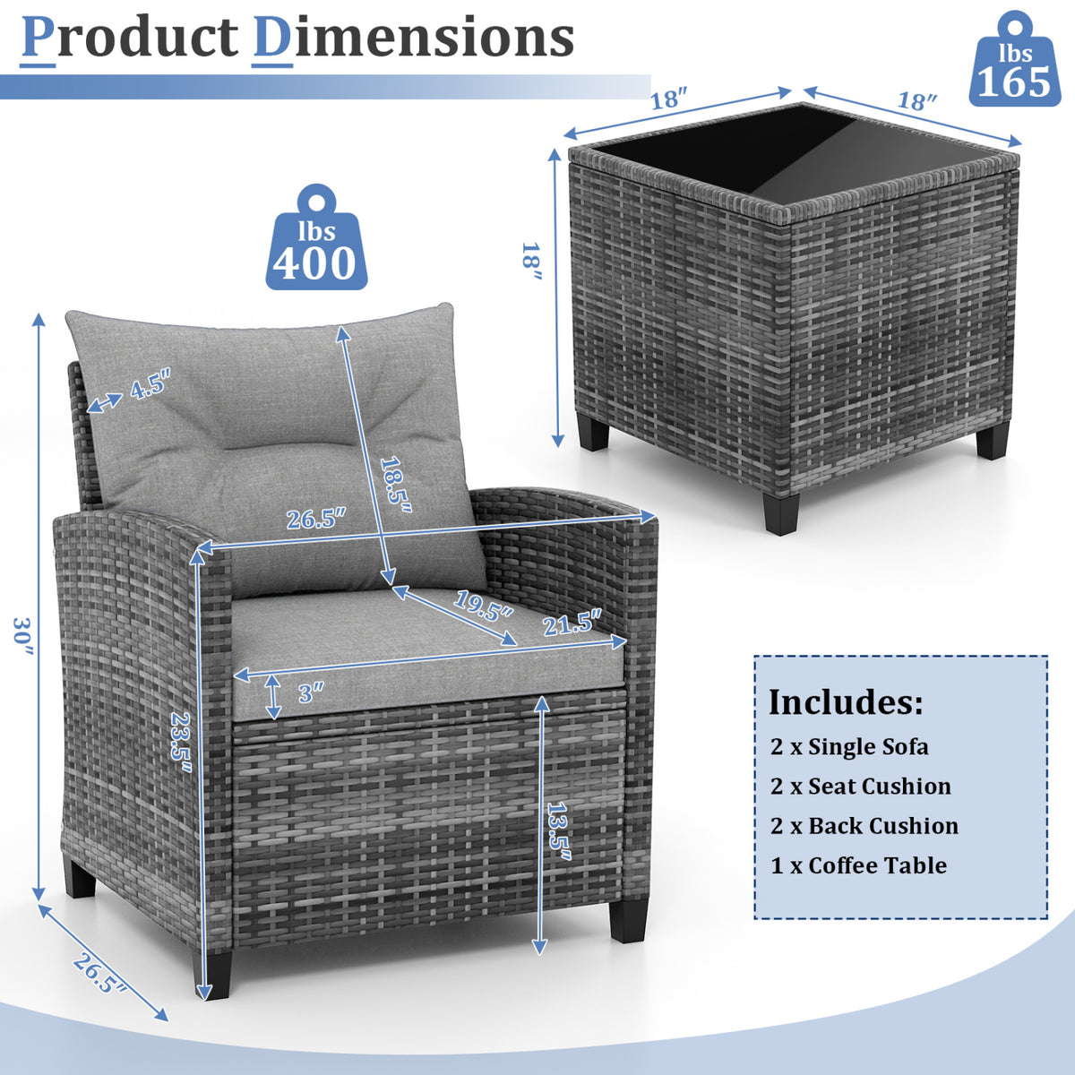 3-Piece Outdoor Wicker Conversation Set with Tempered Glass Table – Gray