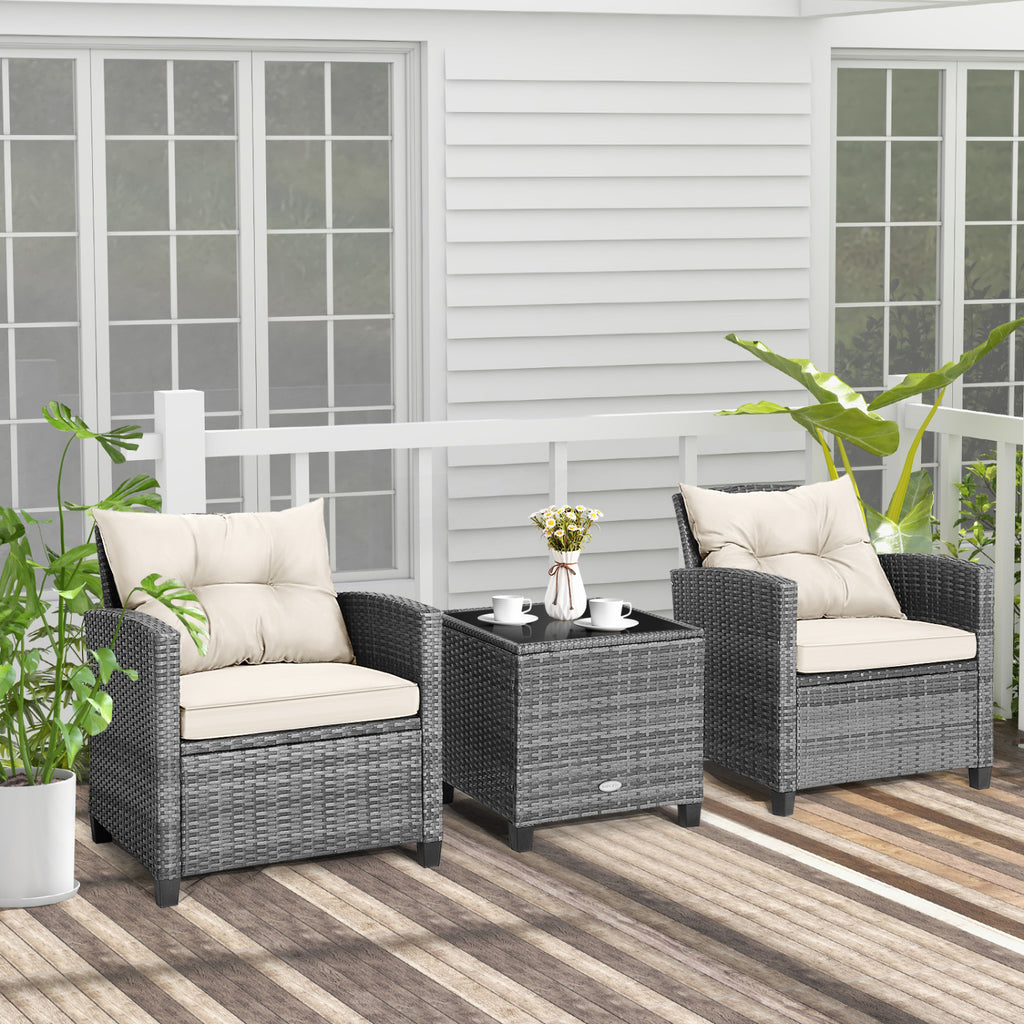 3 Pieces Outdoor Wicker Conversation Set with Tempered Glass Tabletop