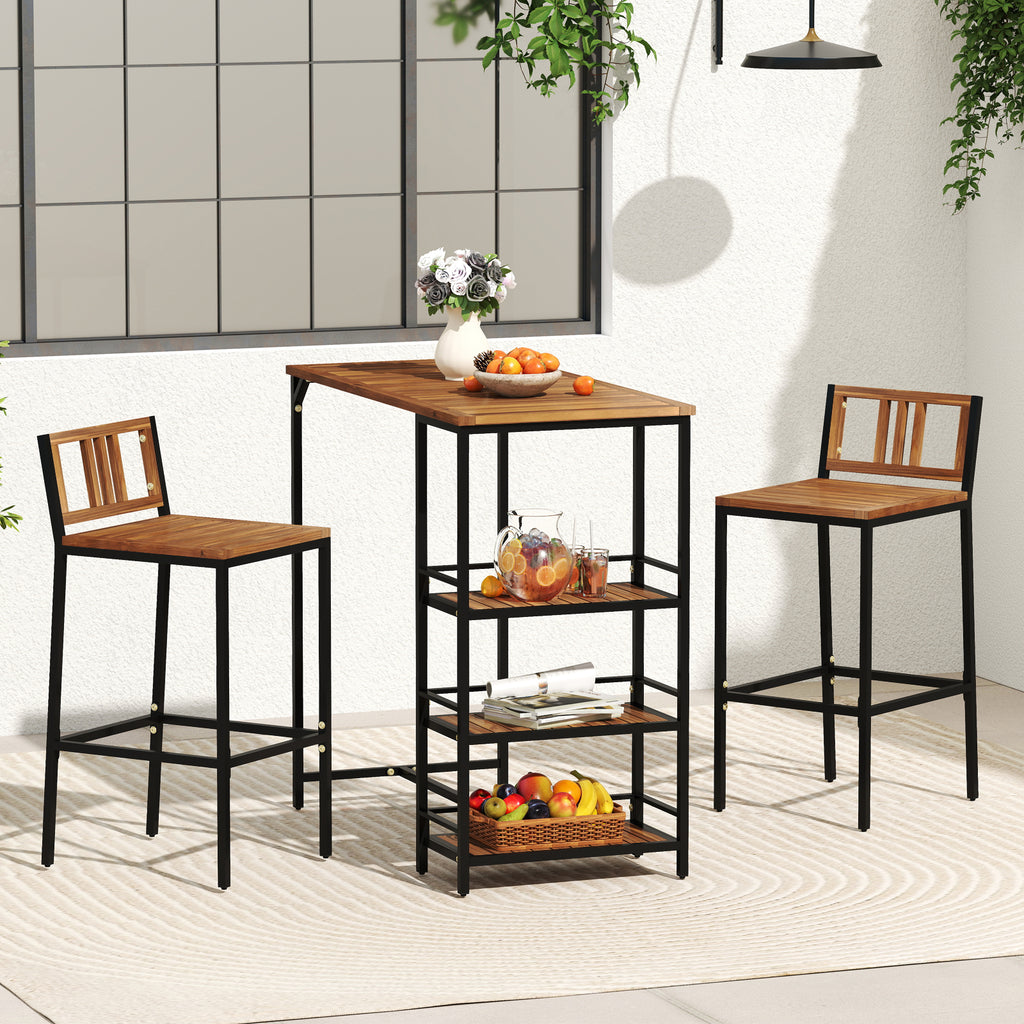 Outdoor Wood Bar Set with 3-Tier Storage Shelf