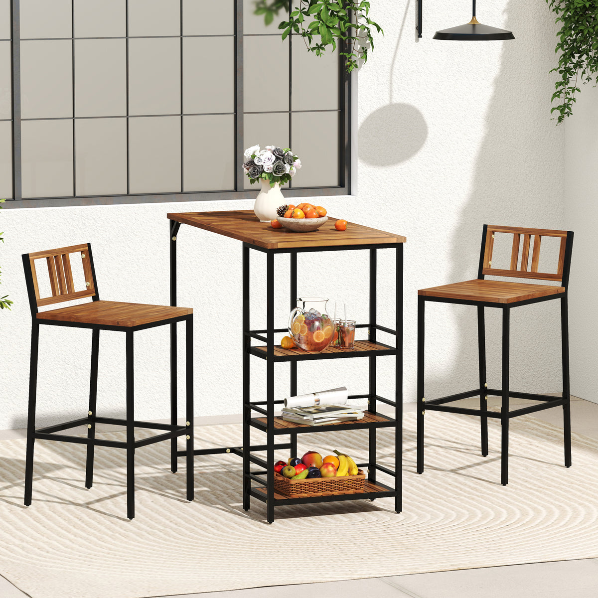 Outdoor Wood Bar Set with 3-Tier Storage Shelf