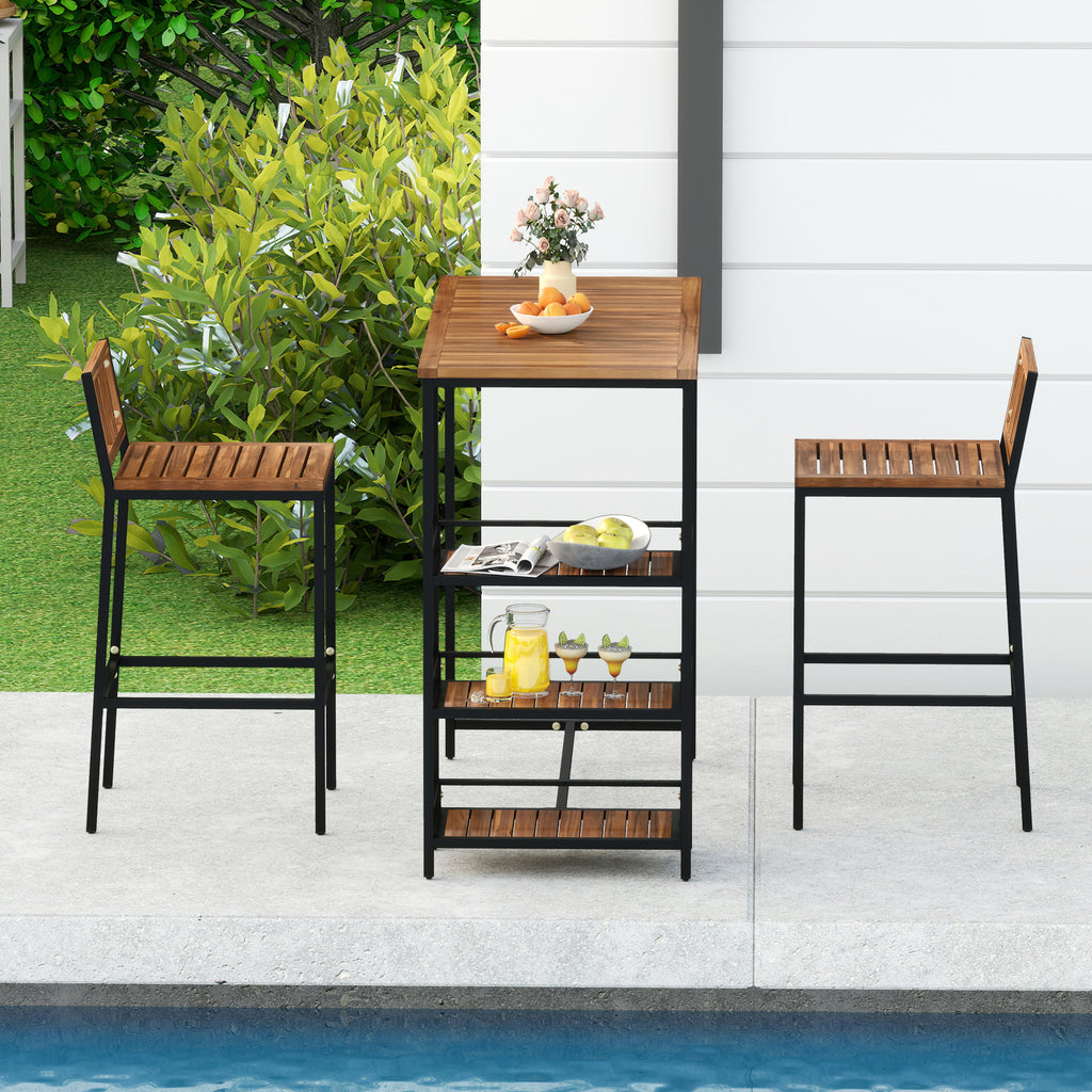 Outdoor Wood Bar Set with 3-Tier Storage Shelf