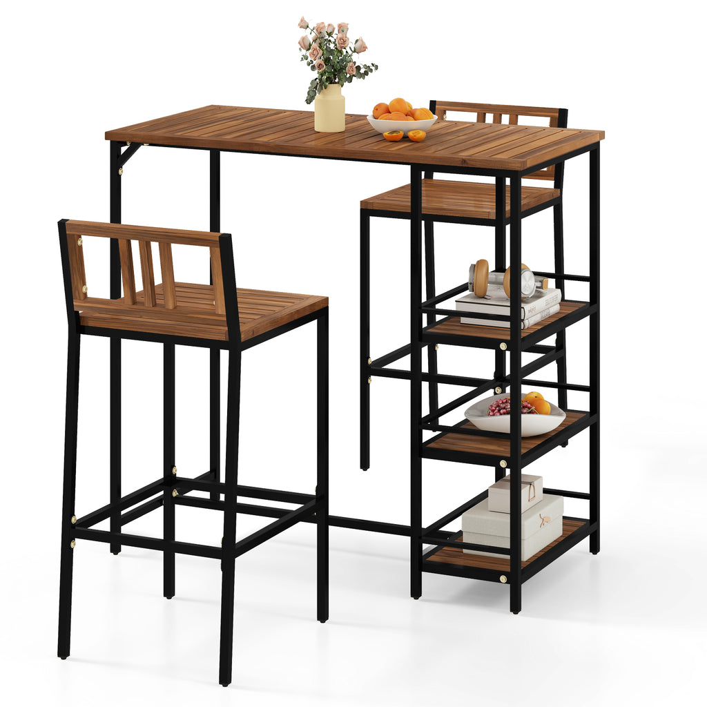 7 Pieces Acacia Wood Patio Rattan Bar Set with Umbrella Hole