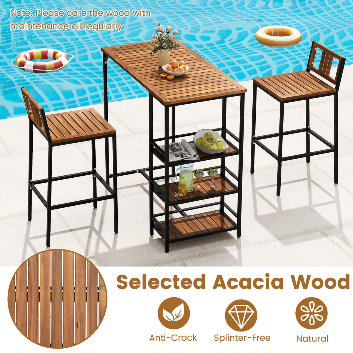 Outdoor Wood Bar Set with 3-Tier Storage Shelf
