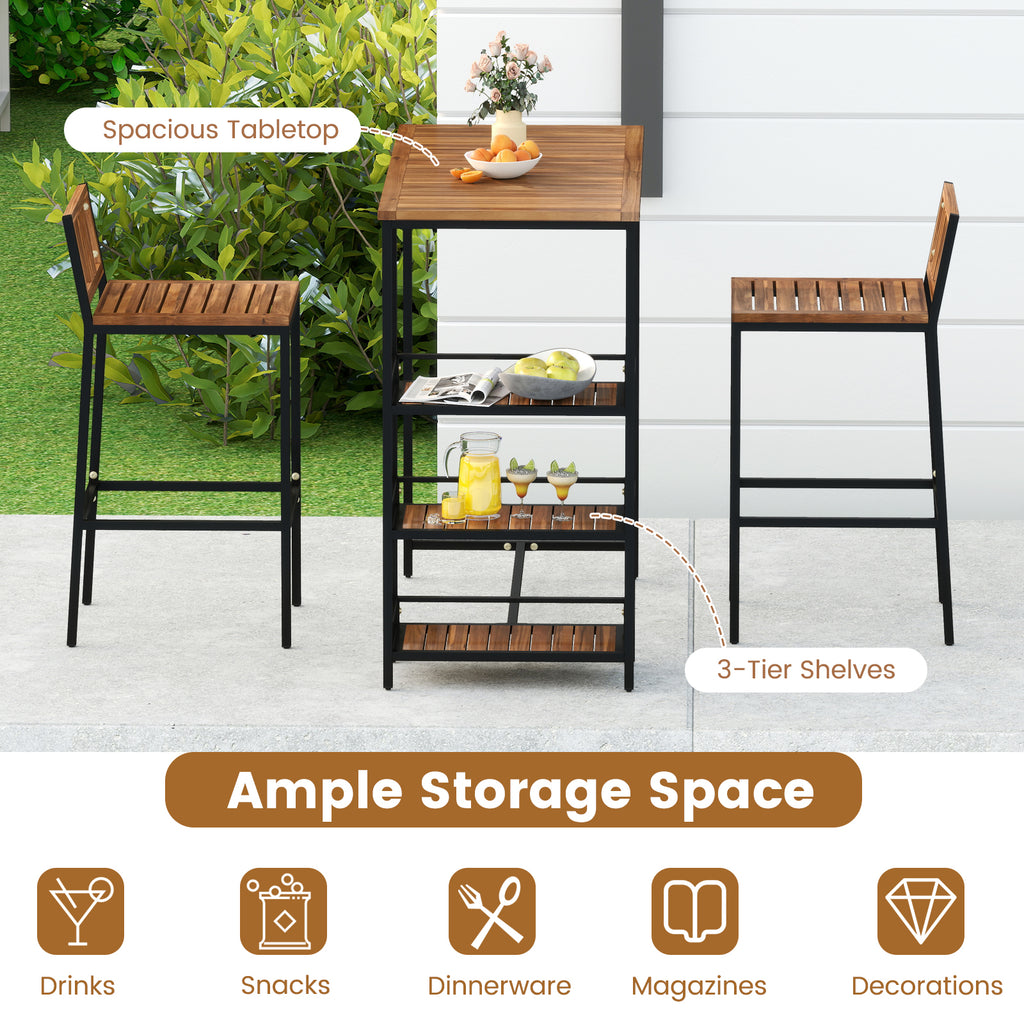 Outdoor Wood Bar Set with 3-Tier Storage Shelf