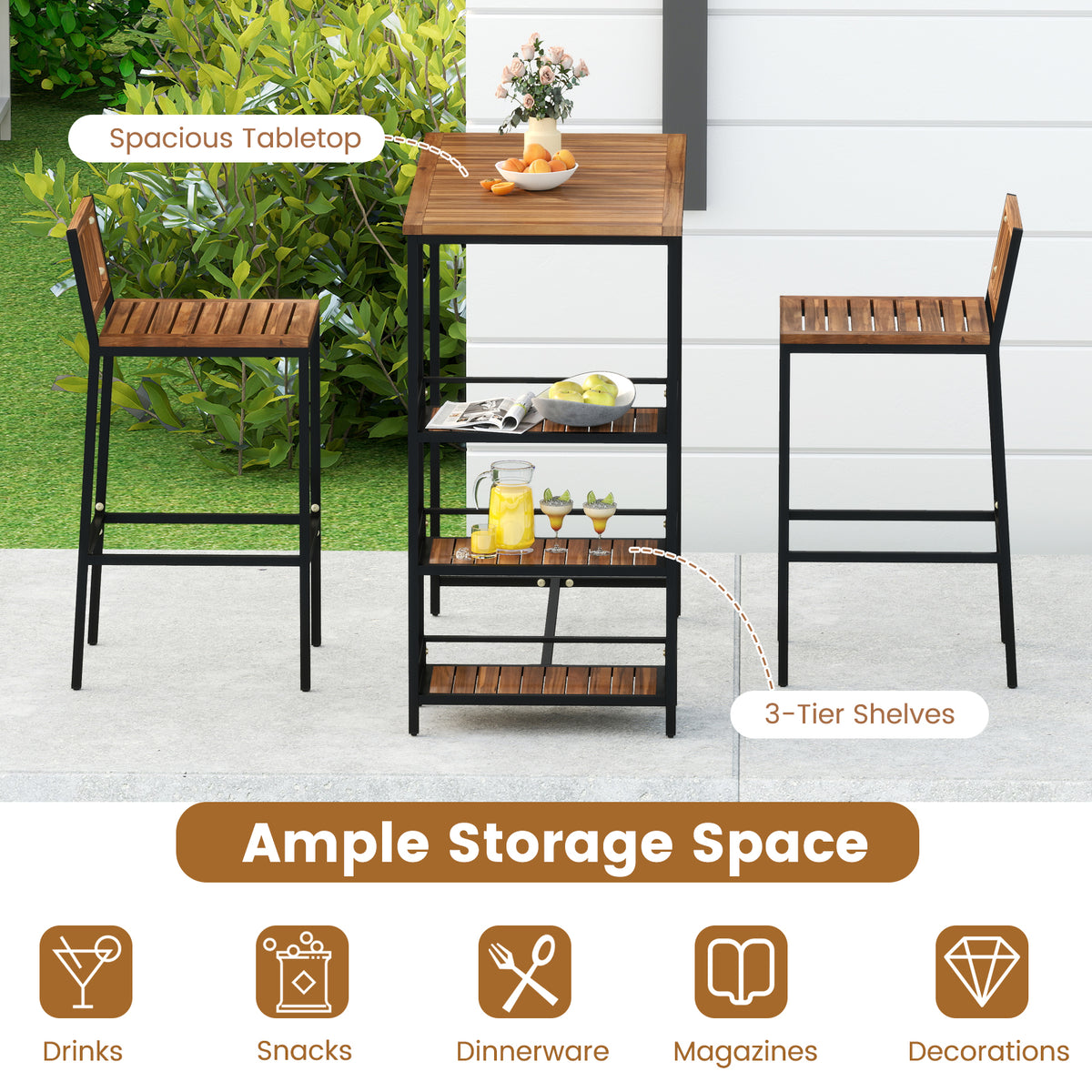 Outdoor Wood Bar Set with 3-Tier Storage Shelf