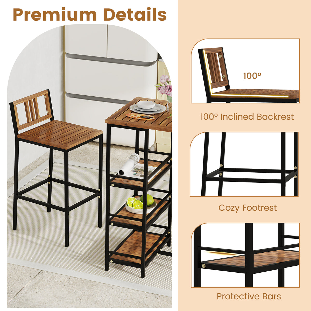 Outdoor Wood Bar Set with 3-Tier Storage Shelf