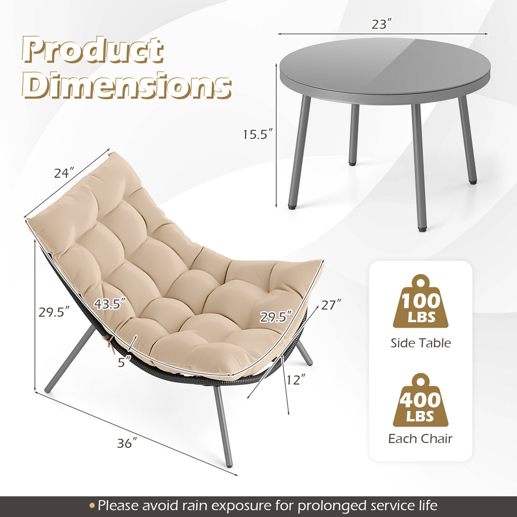 3 Pieces PE Rattan Conversation Set with Cushioned Papasan Chairs