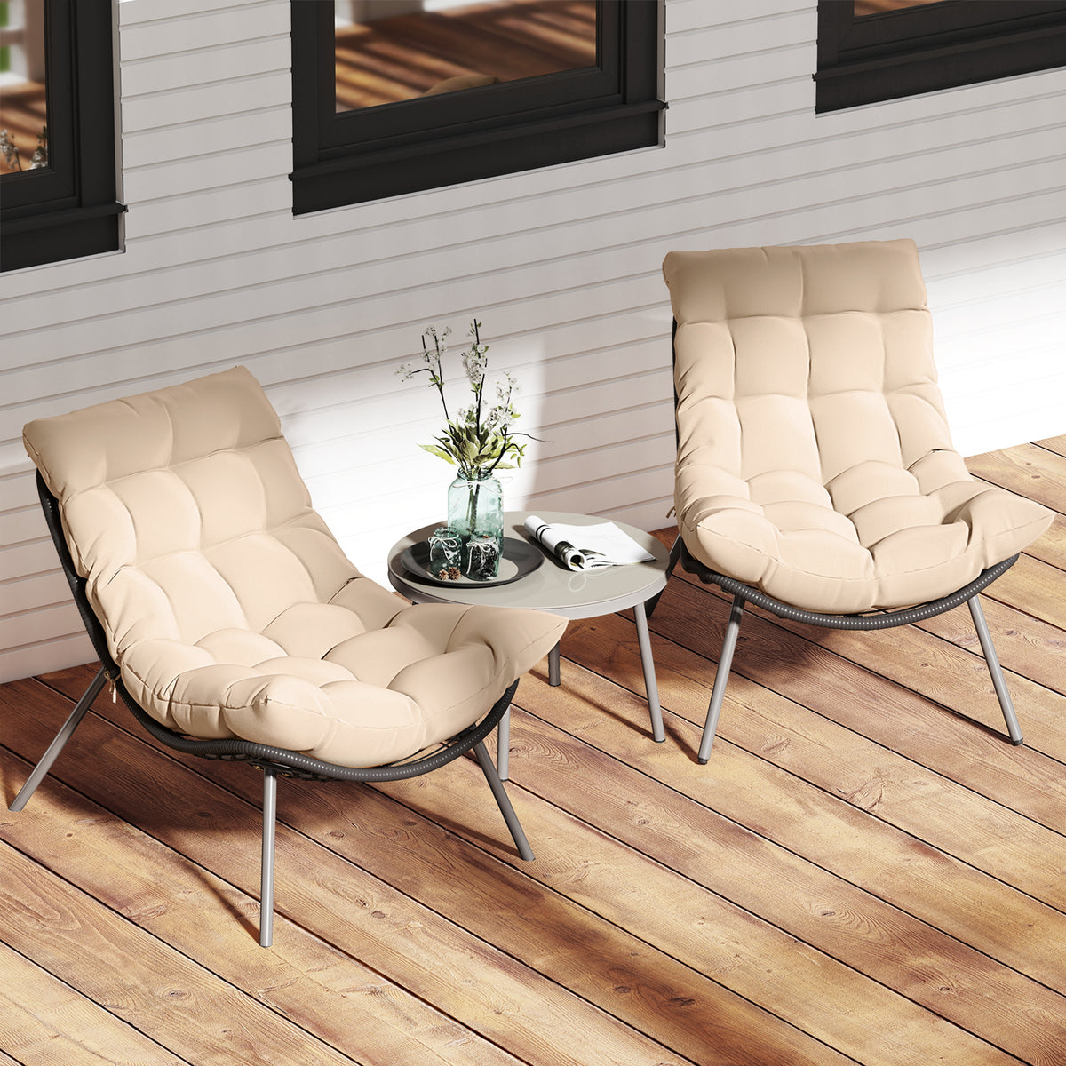 3 Pieces PE Rattan Conversation Set with Cushioned Papasan Chairs