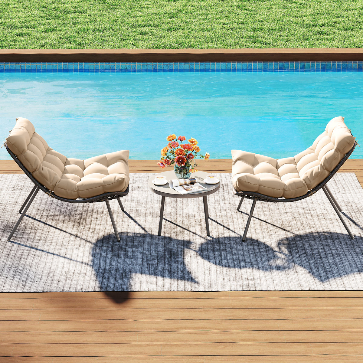 3 Pieces PE Rattan Conversation Set with Cushioned Papasan Chairs