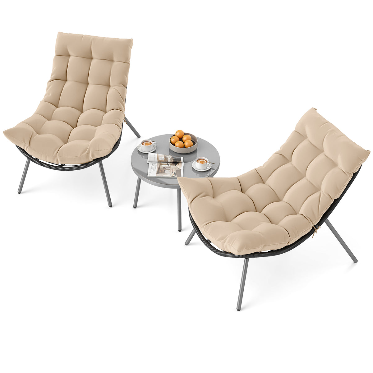 3 Pieces PE Rattan Conversation Set with Cushioned Papasan Chairs