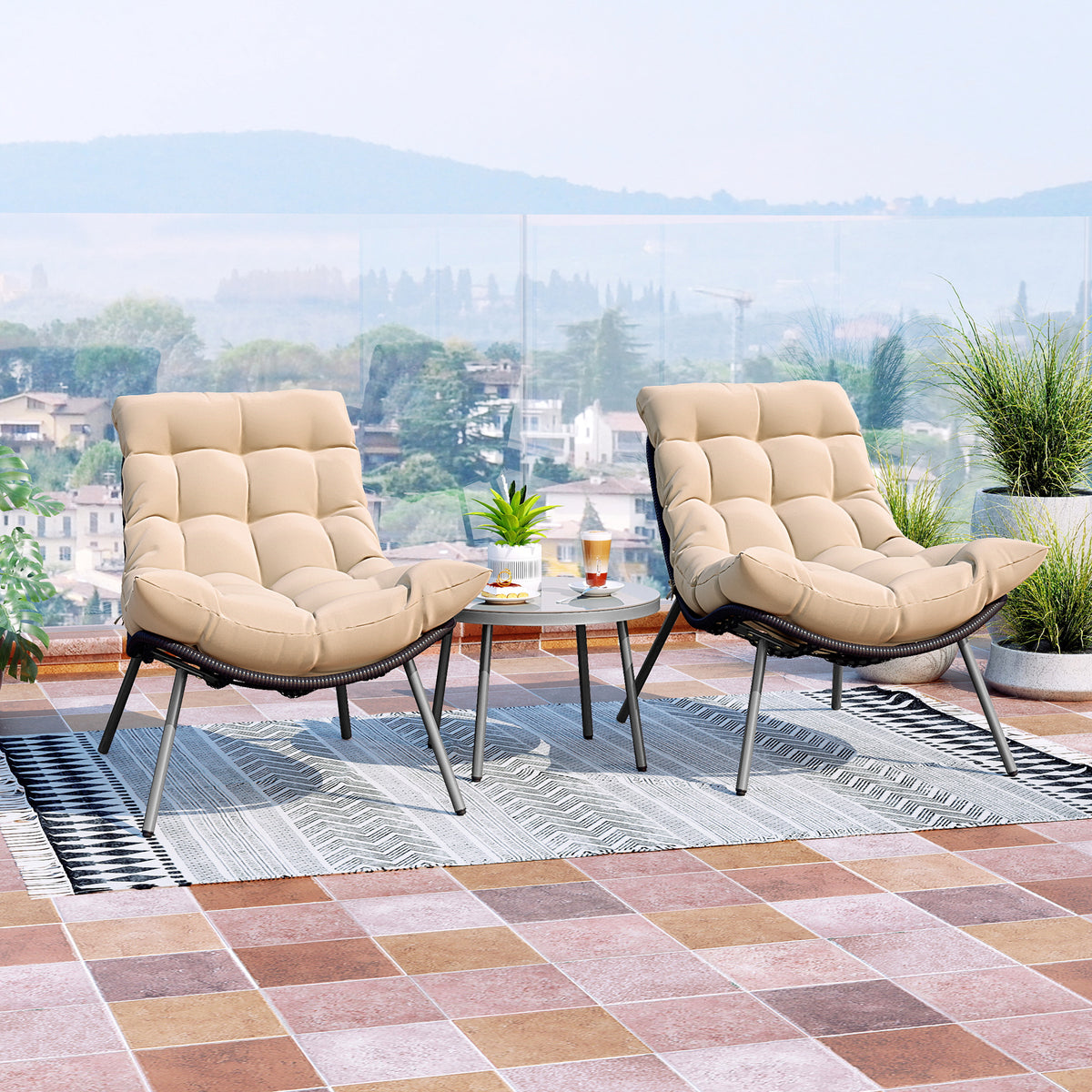3 Pieces PE Rattan Conversation Set with Cushioned Papasan Chairs
