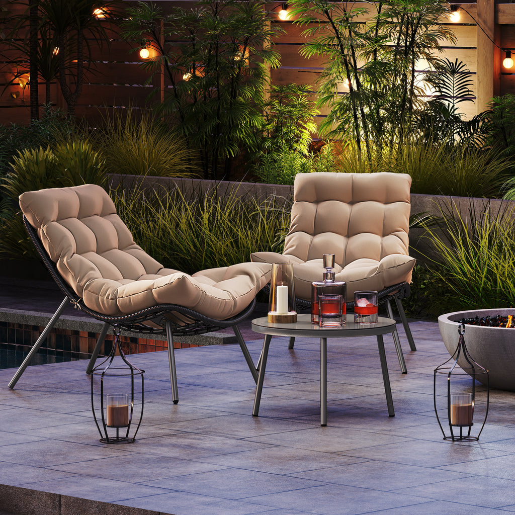 3 Pieces PE Rattan Conversation Set with Cushioned Papasan Chairs