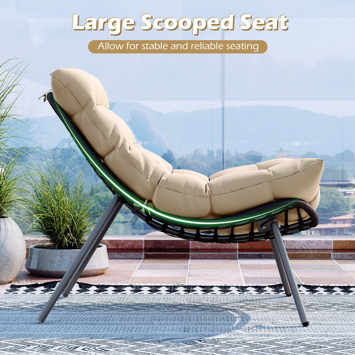 3 Pieces PE Rattan Conversation Set with Cushioned Papasan Chairs