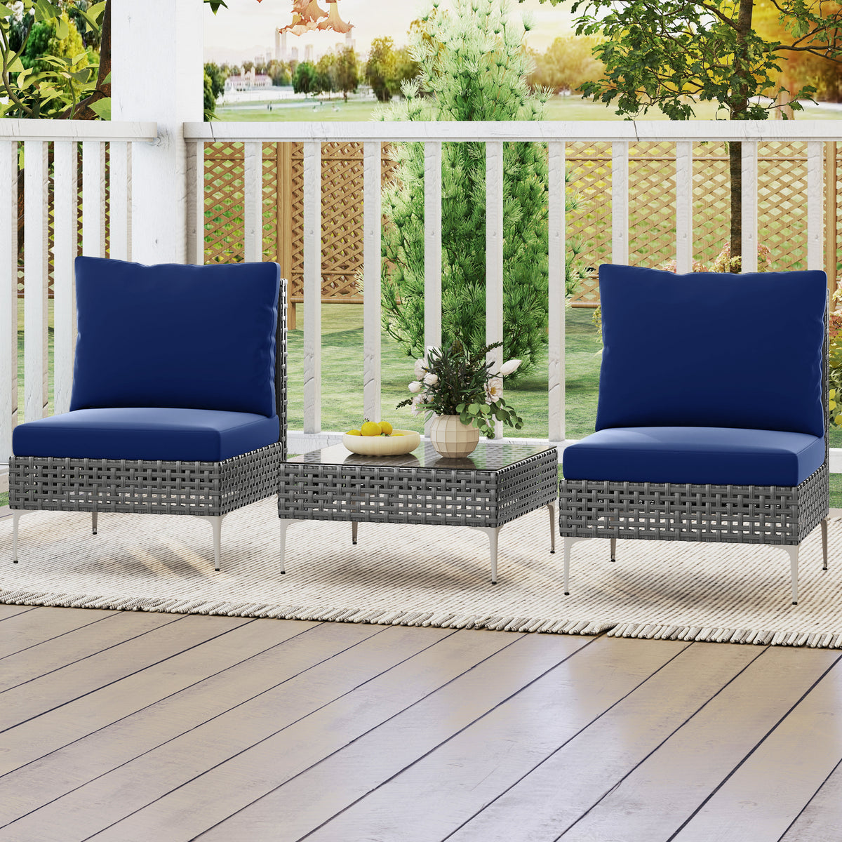 3 Pieces PE Rattan Conversation Chairs with Coffee Table, Navy
