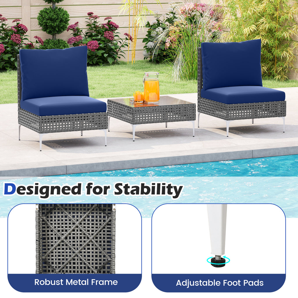3 Pieces PE Rattan Conversation Chairs with Coffee Table, Navy