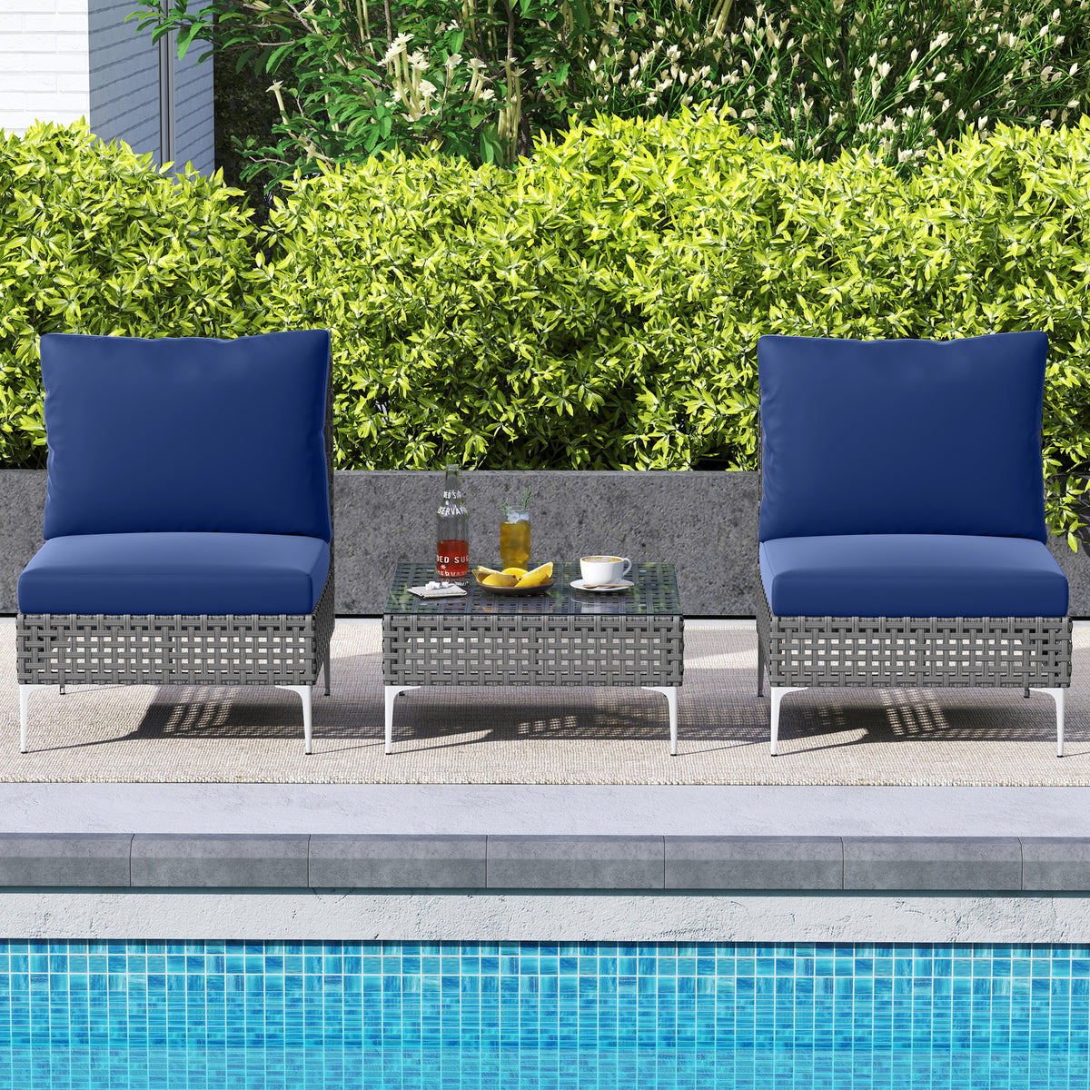 3 Pieces PE Rattan Conversation Chairs with Coffee Table, Navy