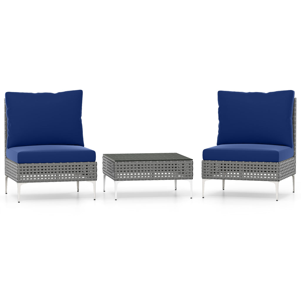 3 Pieces PE Rattan Conversation Chairs with Coffee Table, Navy