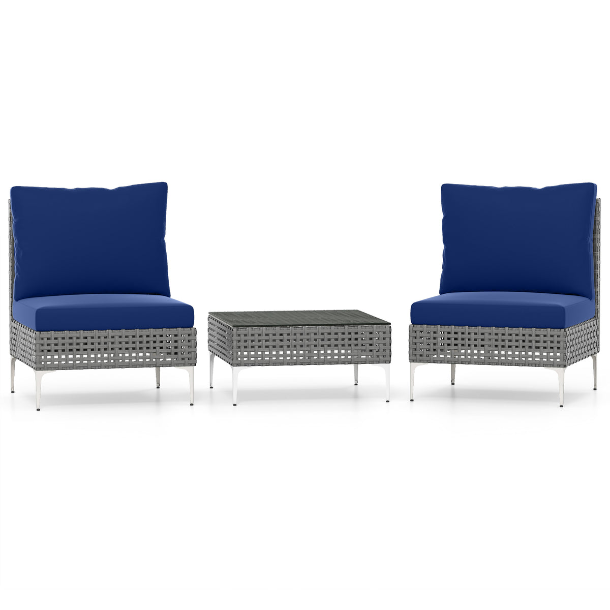 3 Pieces PE Rattan Conversation Chairs with Coffee Table, Navy