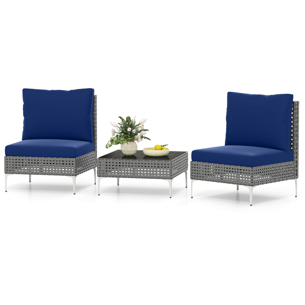 3 Pieces PE Rattan Conversation Chairs with Coffee Table, Navy