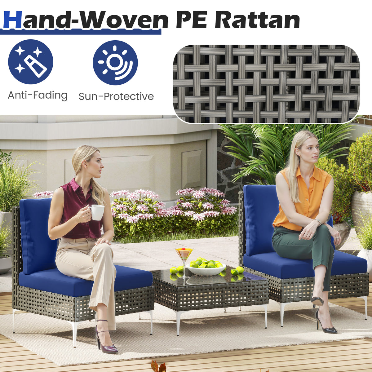3 Pieces PE Rattan Conversation Chairs with Coffee Table, Navy