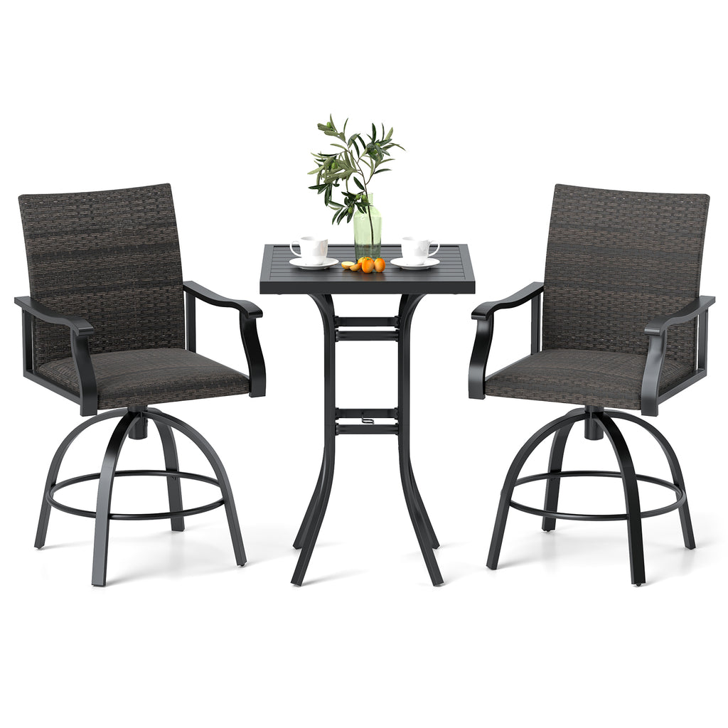 3 Pieces PE Wicker Patio Swivel Bar Set with Quick-Drying Foam