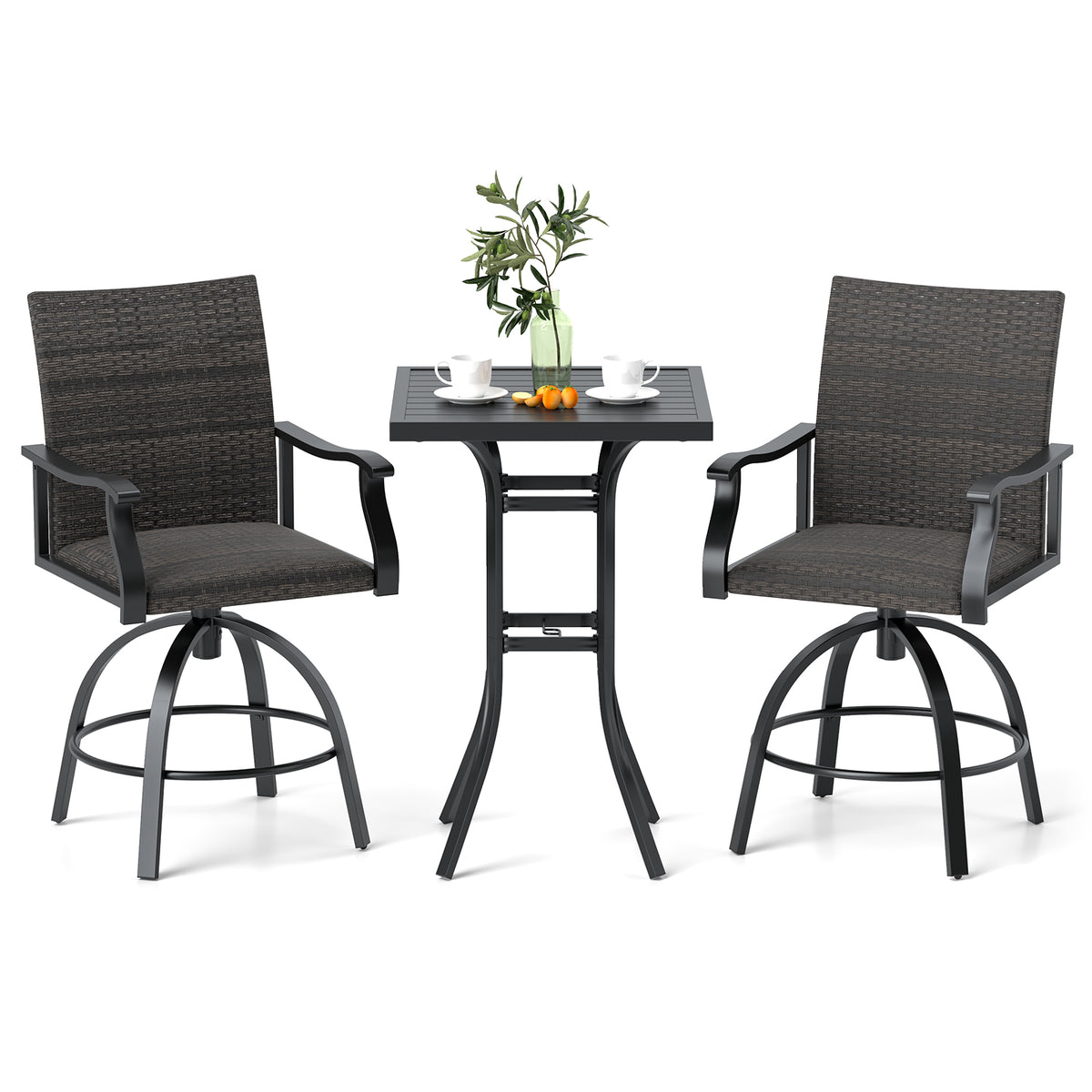 3 Pieces PE Wicker Patio Swivel Bar Set with Quick-Drying Foam