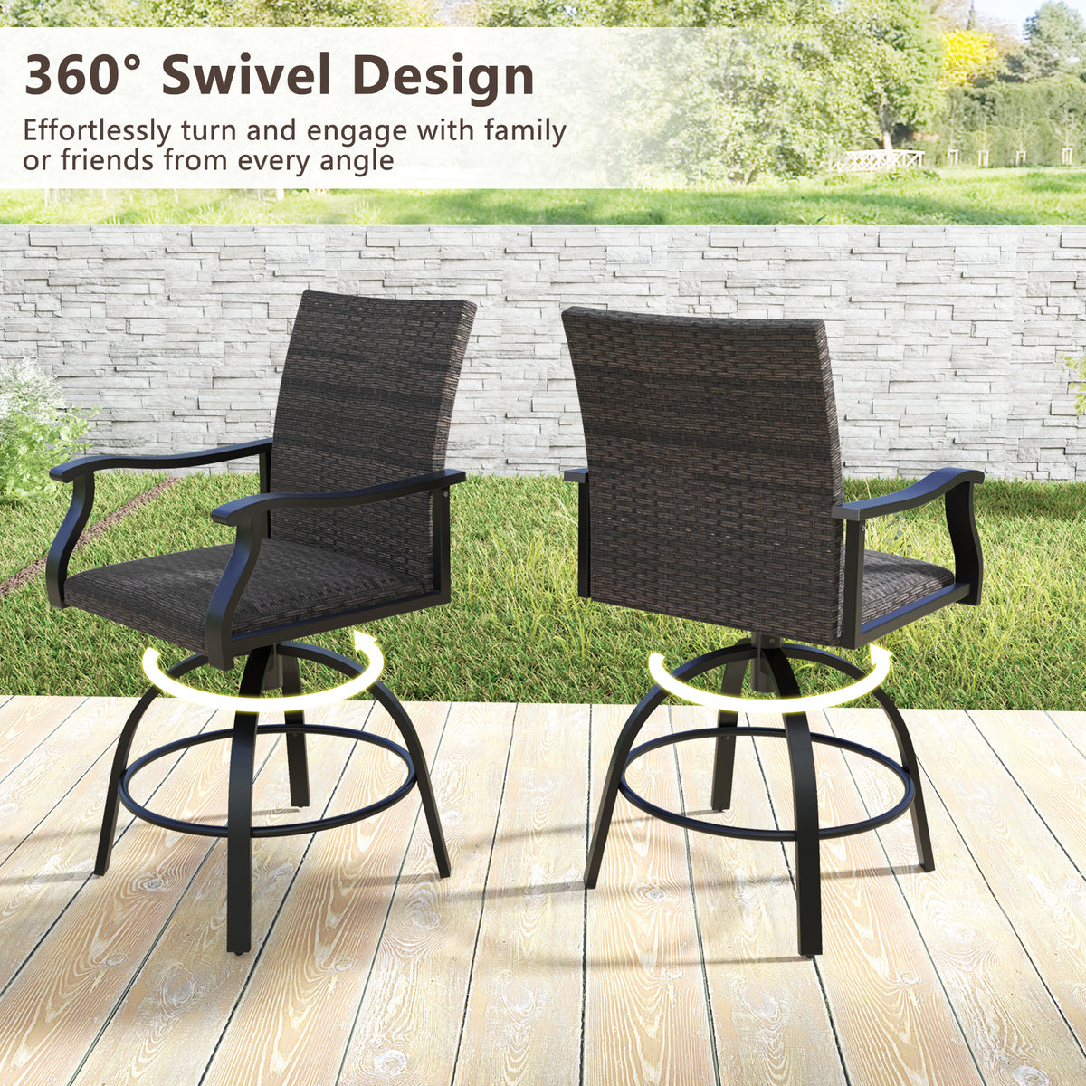 3 Pieces PE Wicker Patio Swivel Bar Set with Quick-Drying Foam