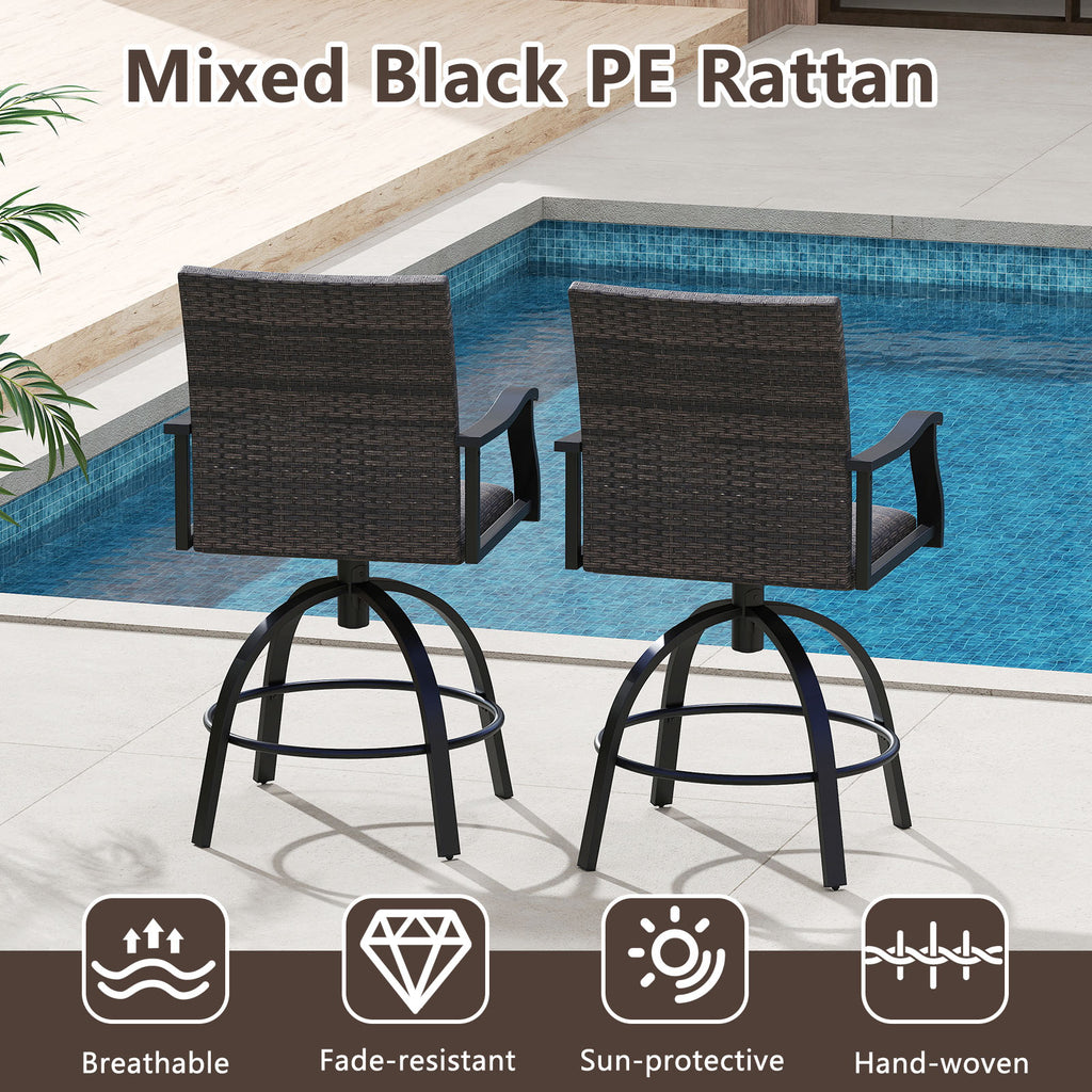 3 Pieces PE Wicker Patio Swivel Bar Set with Quick-Drying Foam