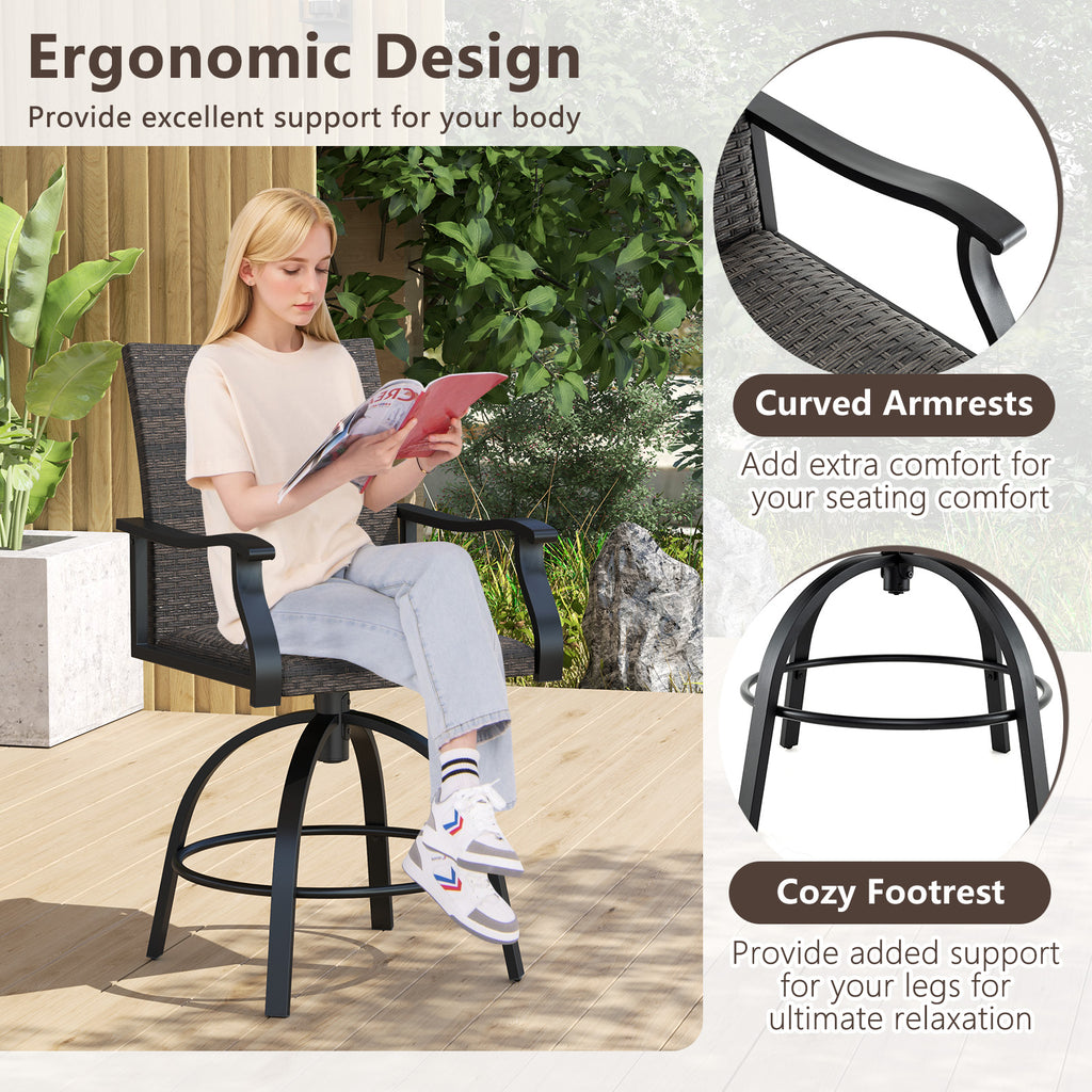 3 Pieces PE Wicker Patio Swivel Bar Set with Quick-Drying Foam