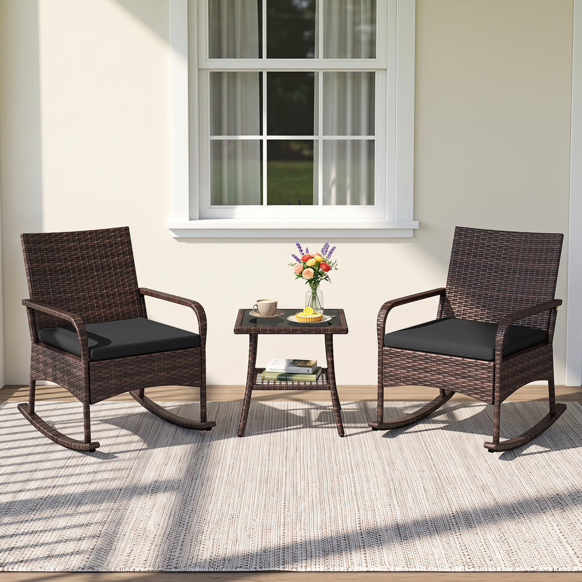 3 Pieces PE Wicker Rocking Bistro Set with 2-Tier Side Table Cushions