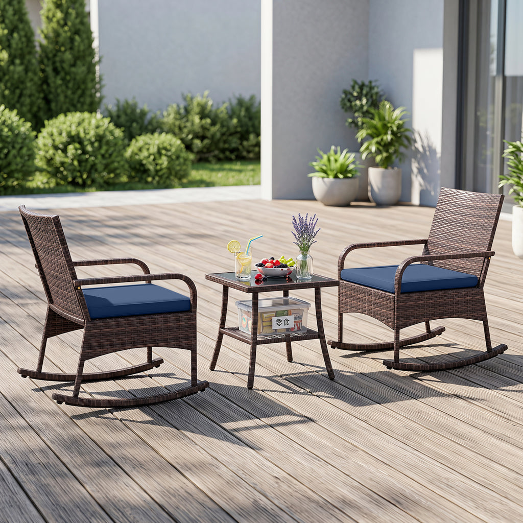 3 Pieces PE Wicker Rocking Bistro Set with 2-Tier Side Table Cushions