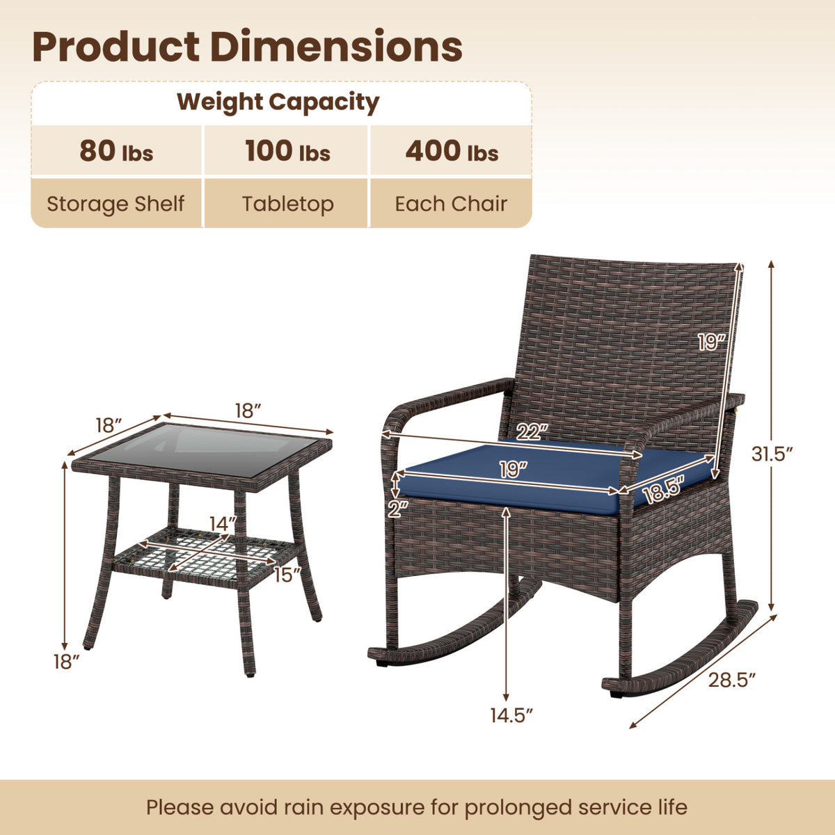 3 Pieces PE Wicker Rocking Bistro Set with 2-Tier Side Table Cushions