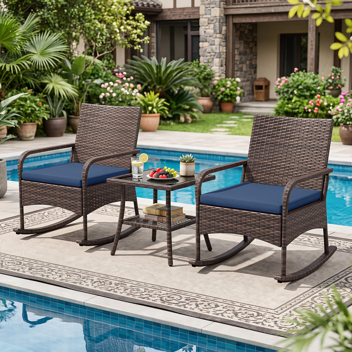 3 Pieces PE Wicker Rocking Bistro Set with 2-Tier Side Table Cushions