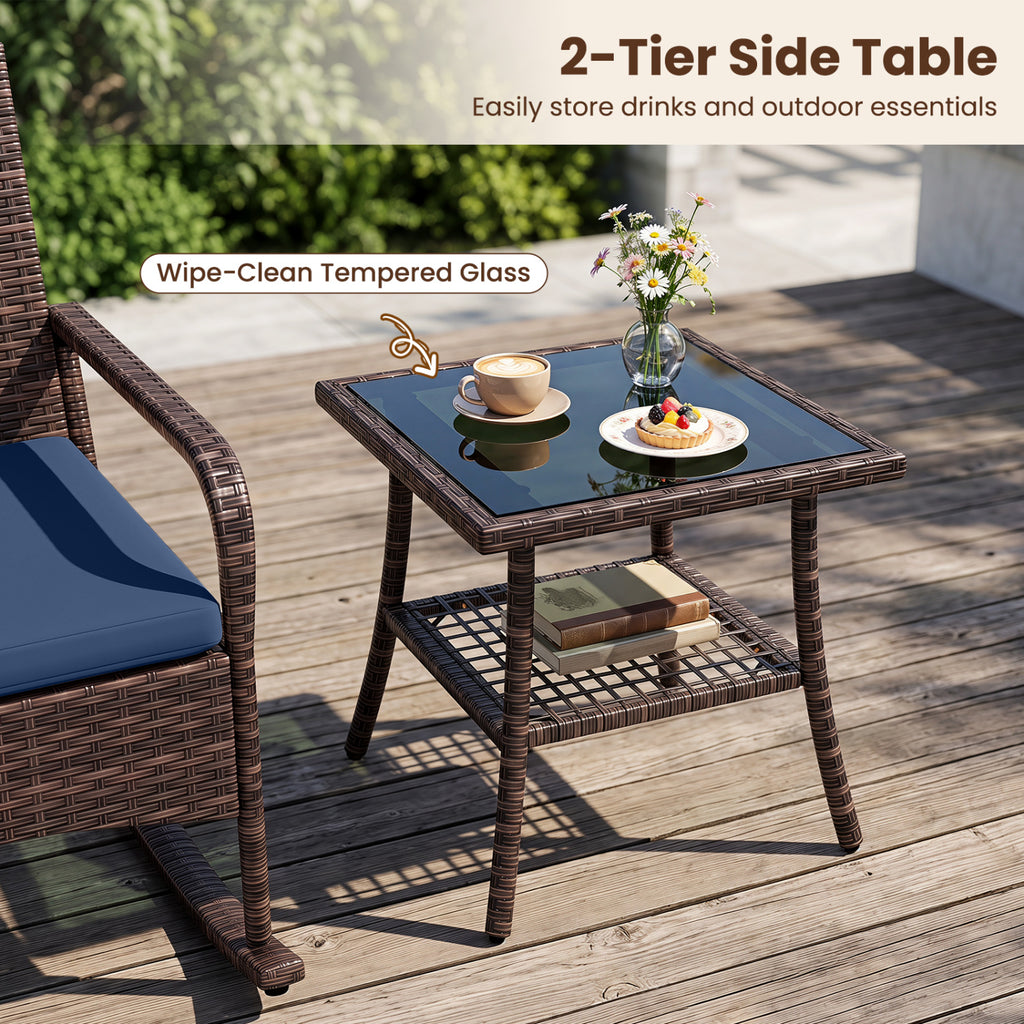 3 Pieces PE Wicker Rocking Bistro Set with 2-Tier Side Table Cushions